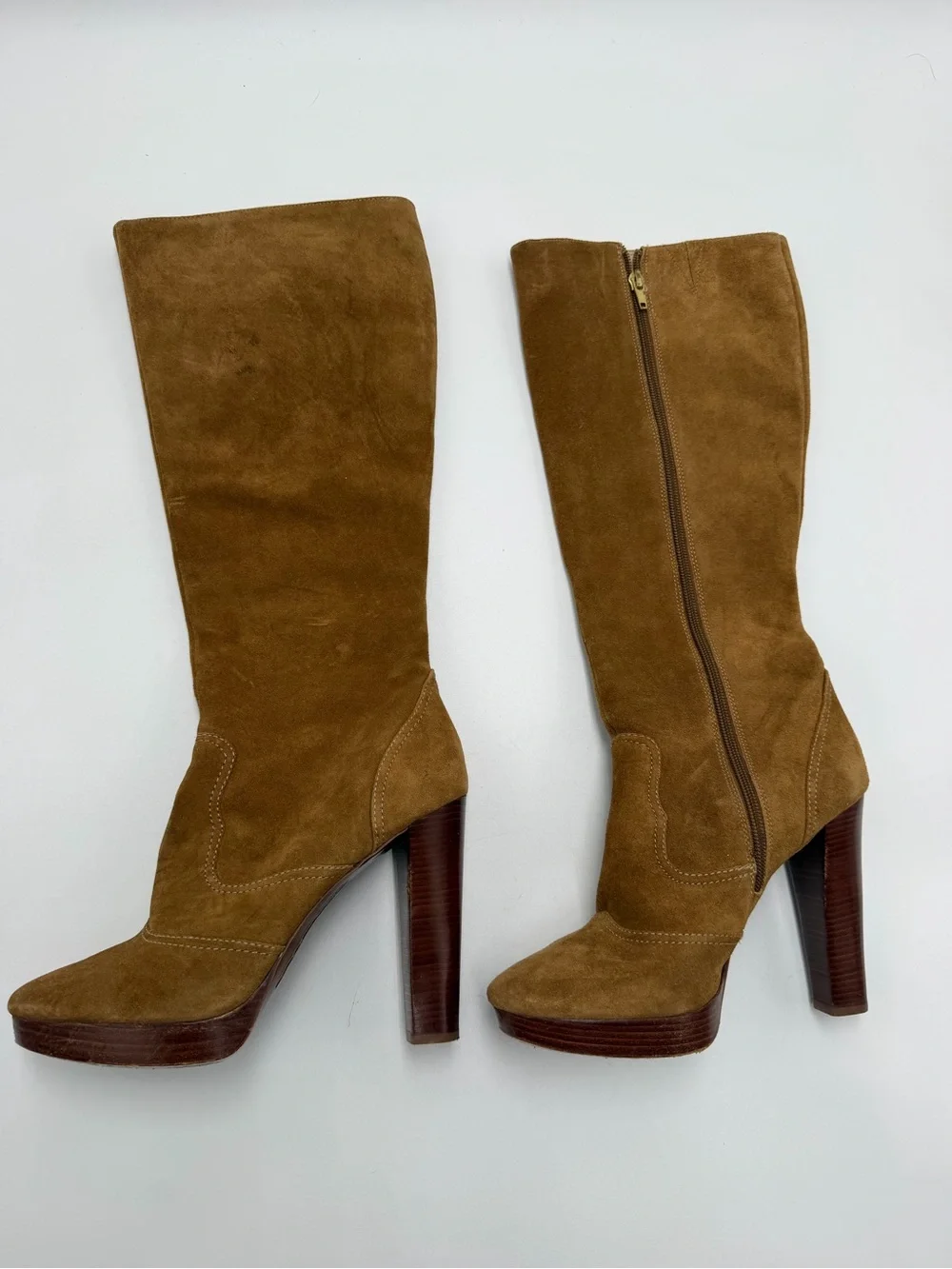 Vintage Michael Kors Suede Knee High Boots Tan Leather Platform Heels 7.5 M
